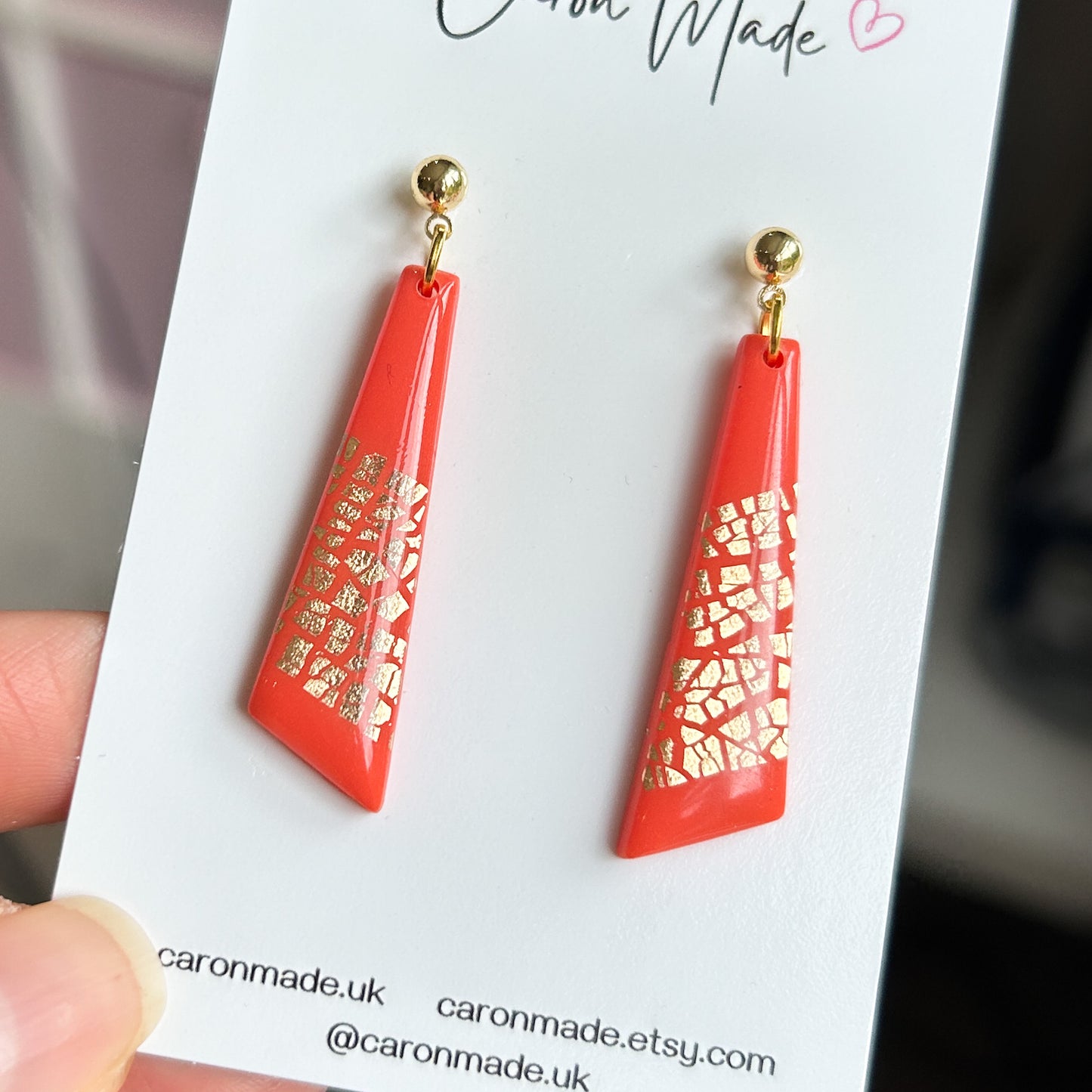 Coral and gold drop slimline earrings with gold leaf