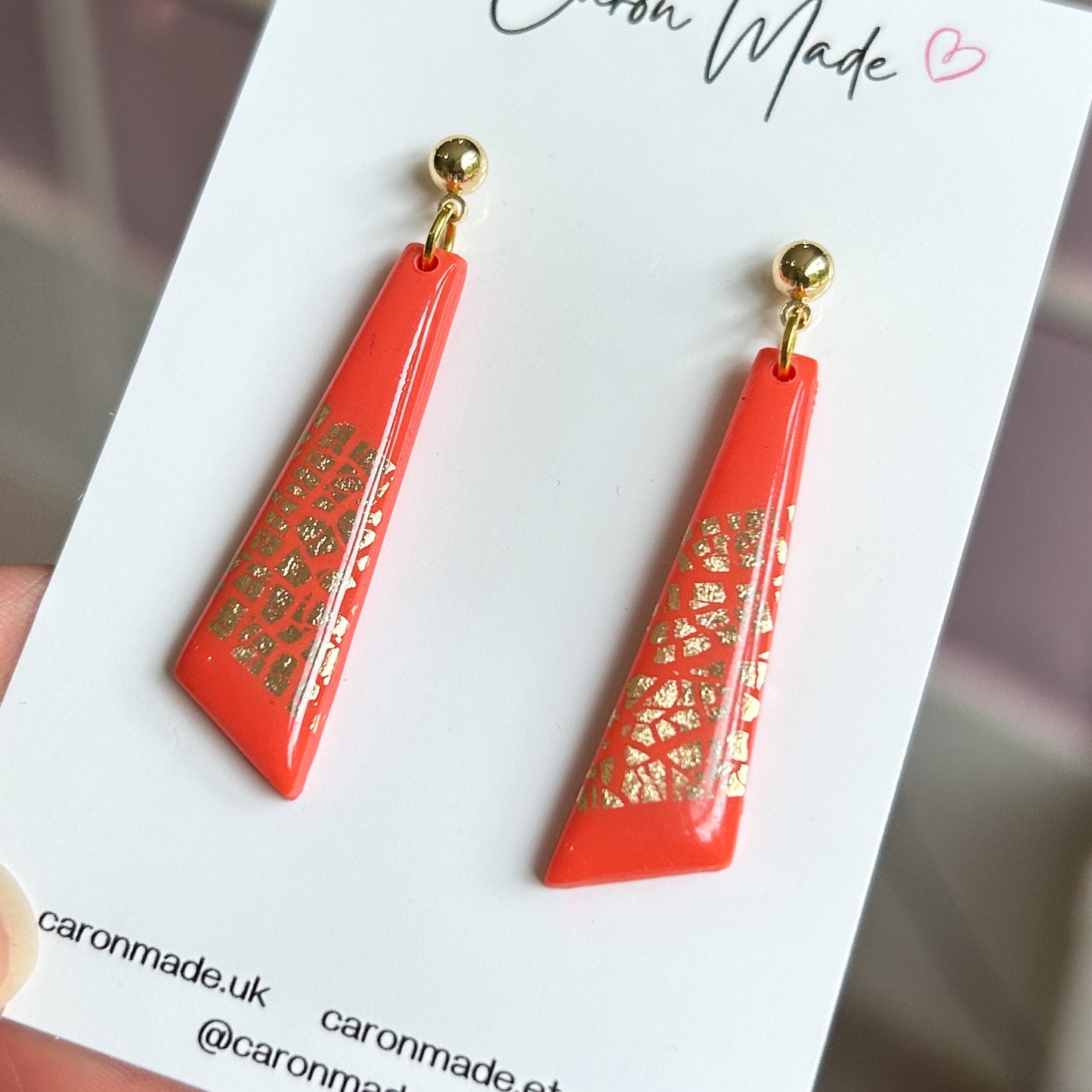 Coral and gold drop slimline earrings with gold leaf