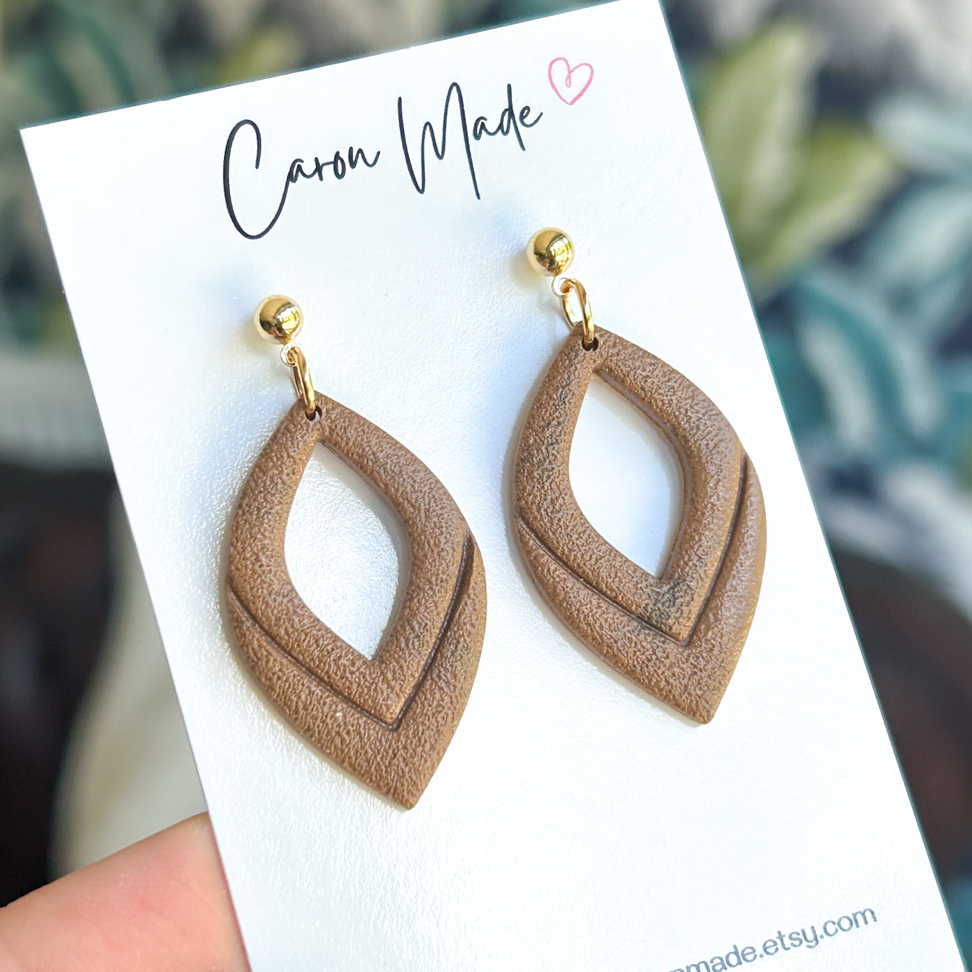 Caramel brown petal shape drop earrings