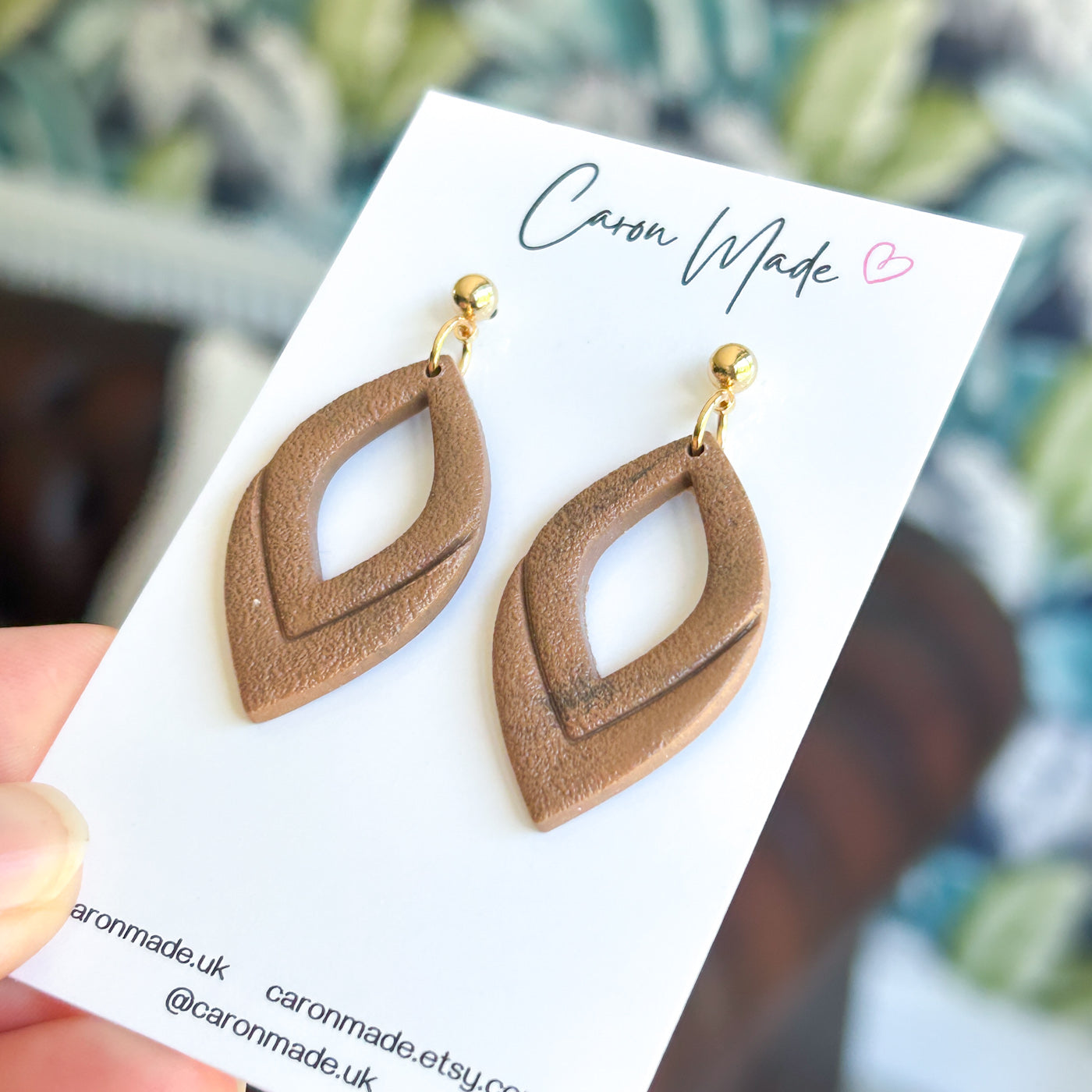 Caramel brown petal shape drop earrings
