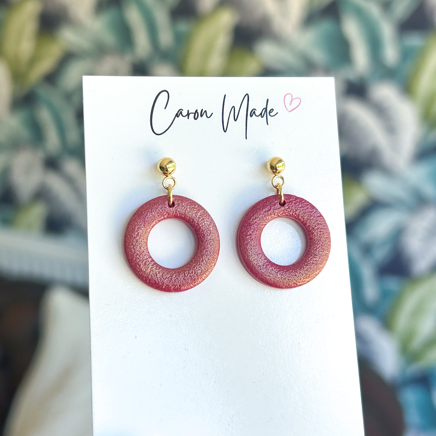 Burgundy and gold circle earrings