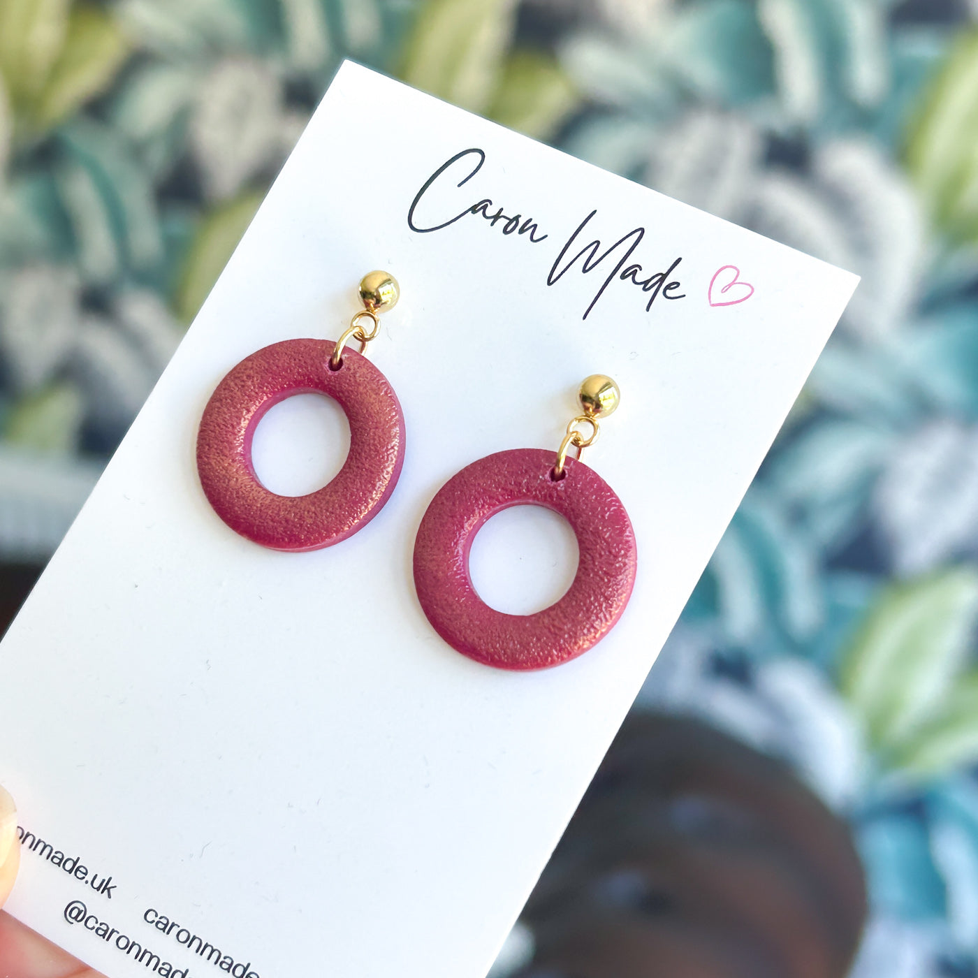 Burgundy and gold circle earrings