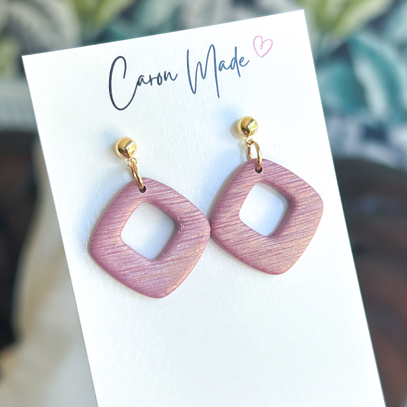 Mauve and gold geometric shape earrings