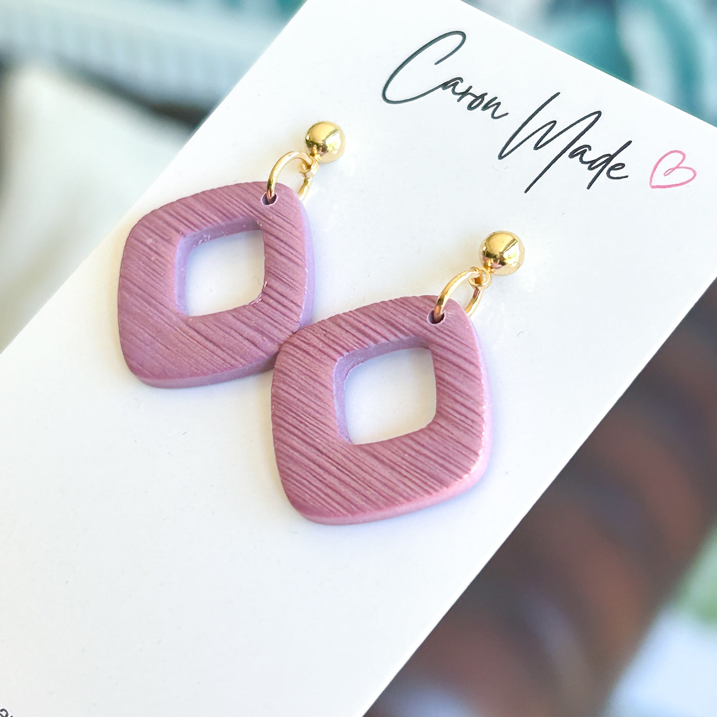 Mauve and gold geometric shape earrings