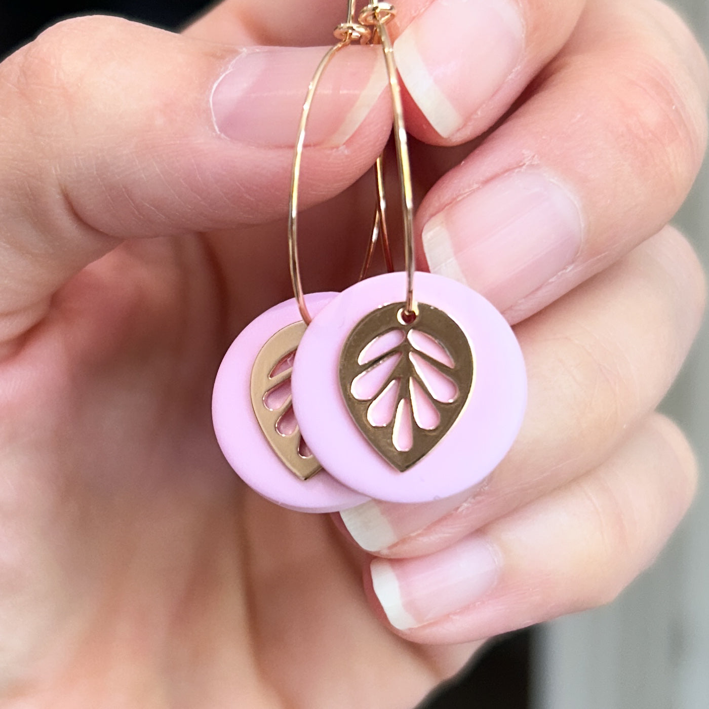 Hoop earrings with pink clay and leaf charm