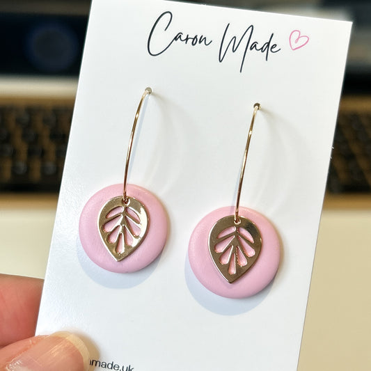 Hoop earrings with pink clay and leaf charm