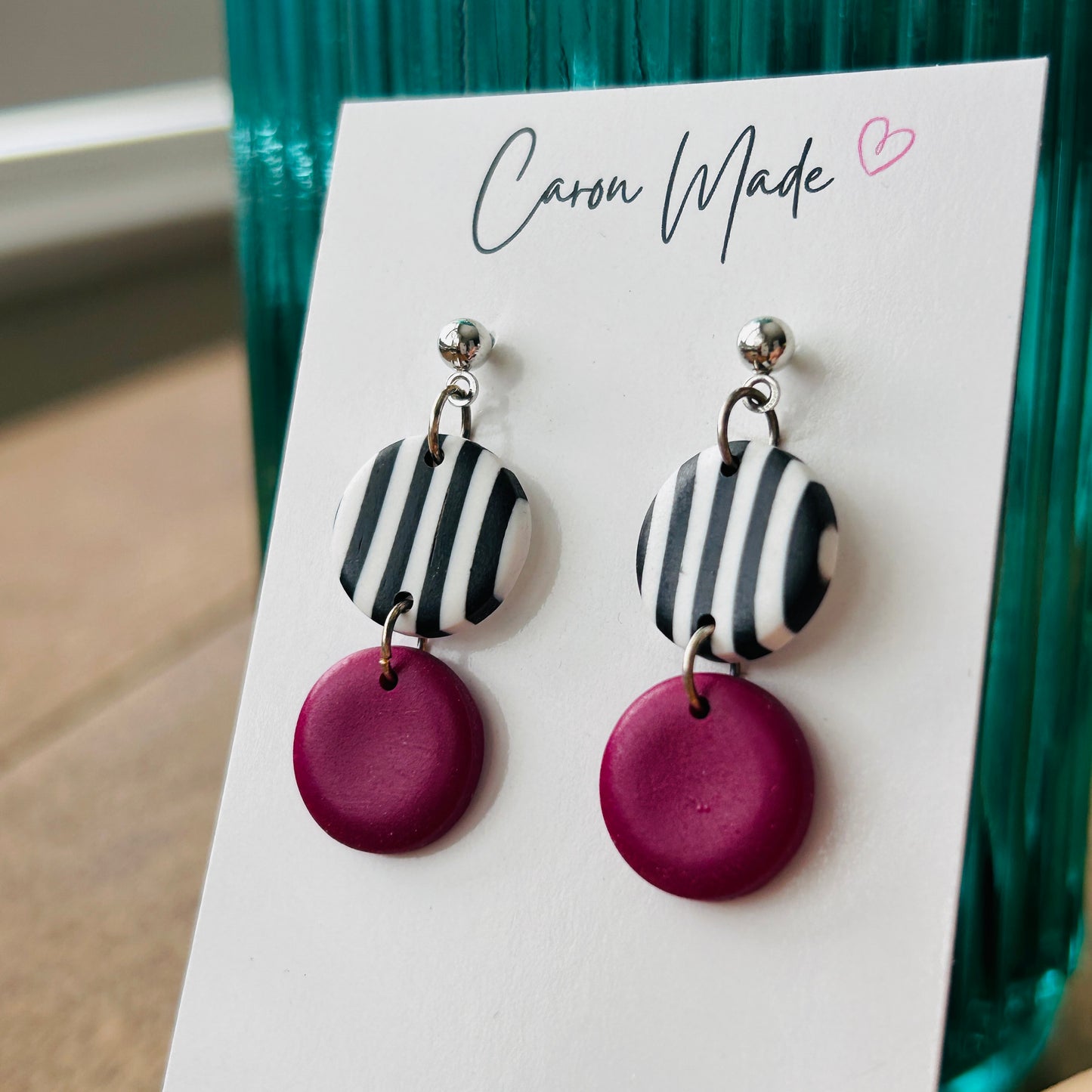 Burgundy and black and white earrings