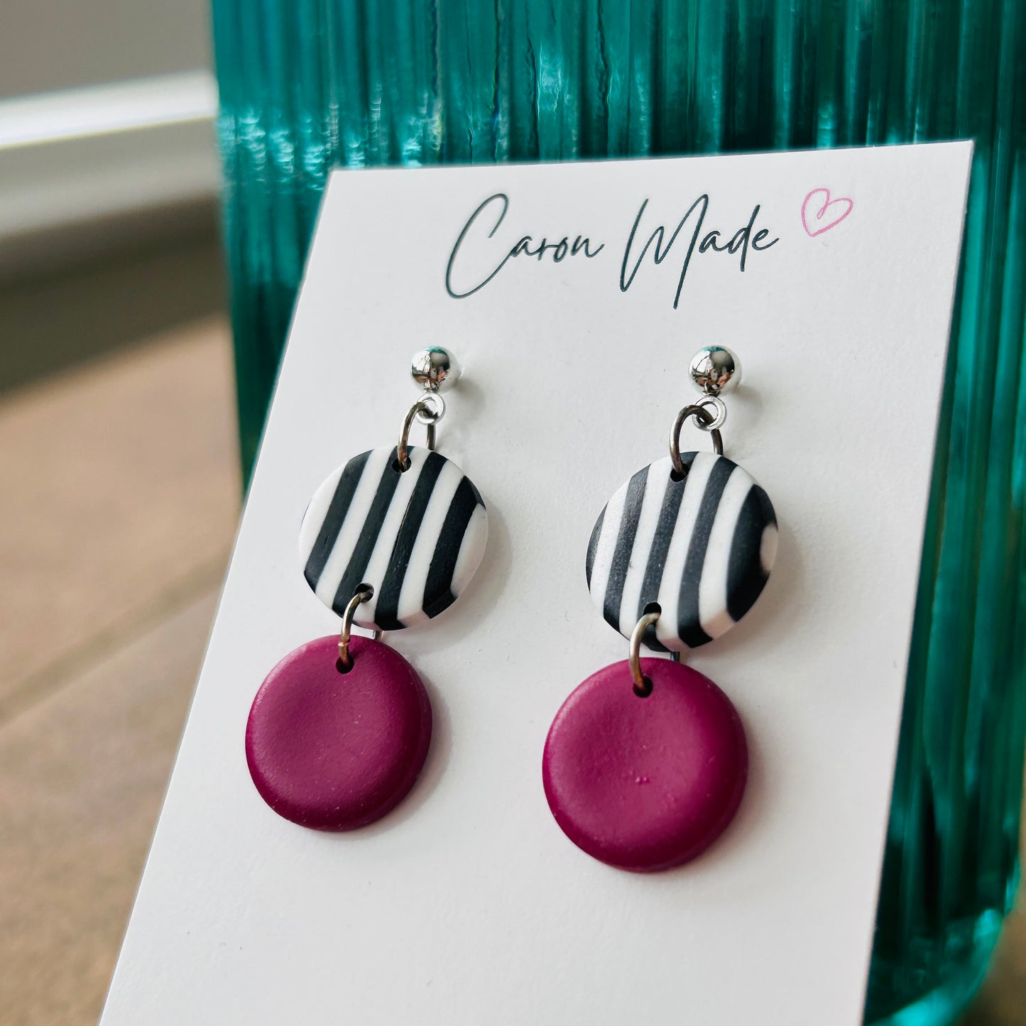 Burgundy and black and white earrings