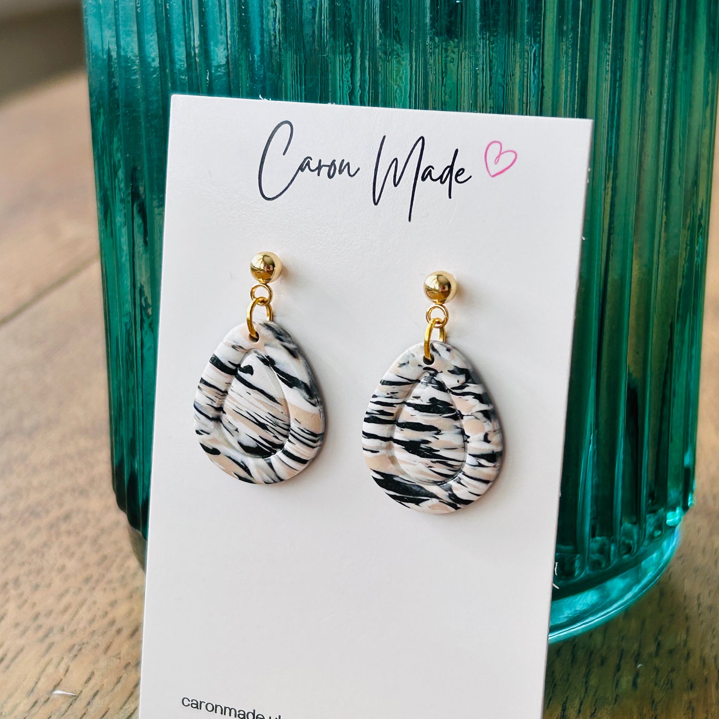 Black white and beige marbled teardrop shape earrings