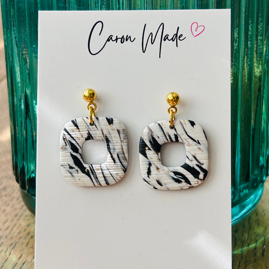 Black white and beige marbled rounded square earrings
