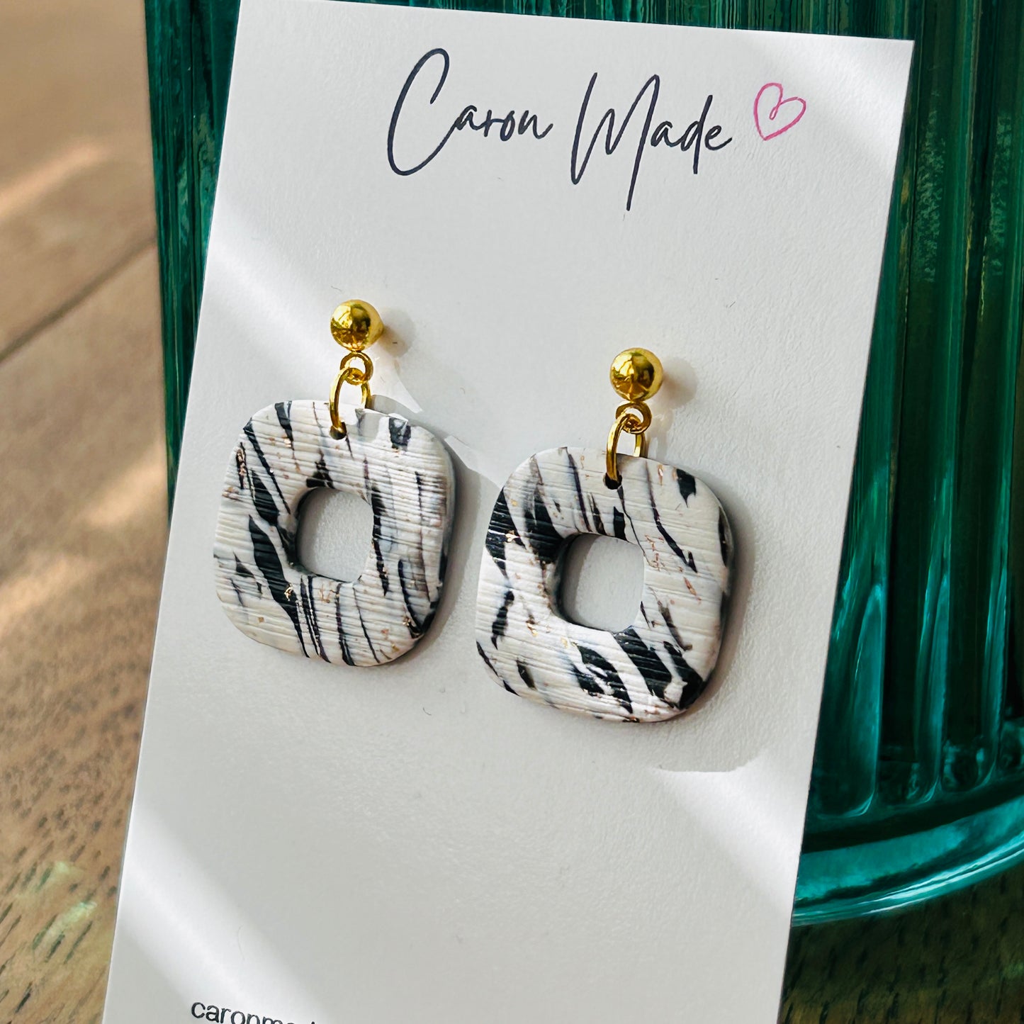 Black white and beige marbled rounded square earrings