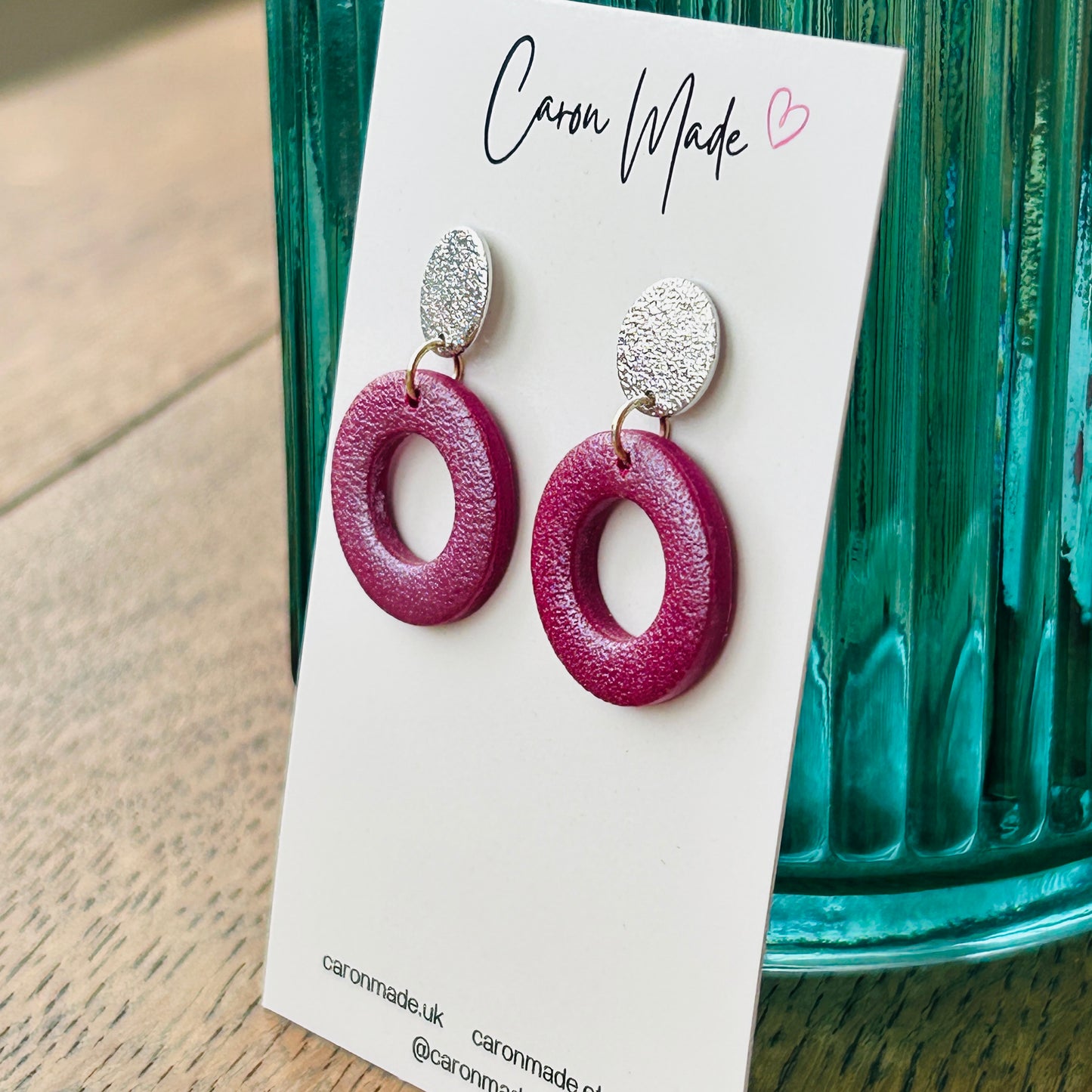 Burgundy and silver circle earrings