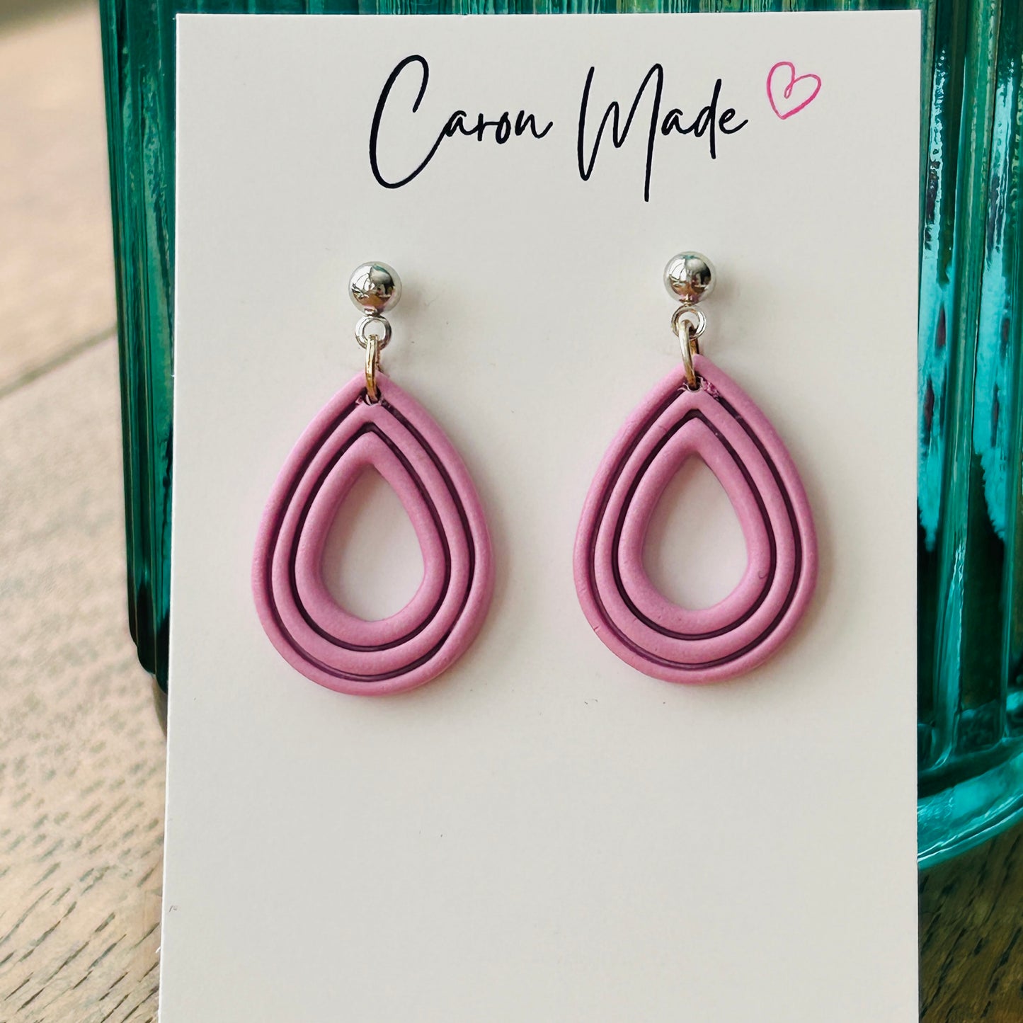Pink and silver teardrop shape dangle earrings