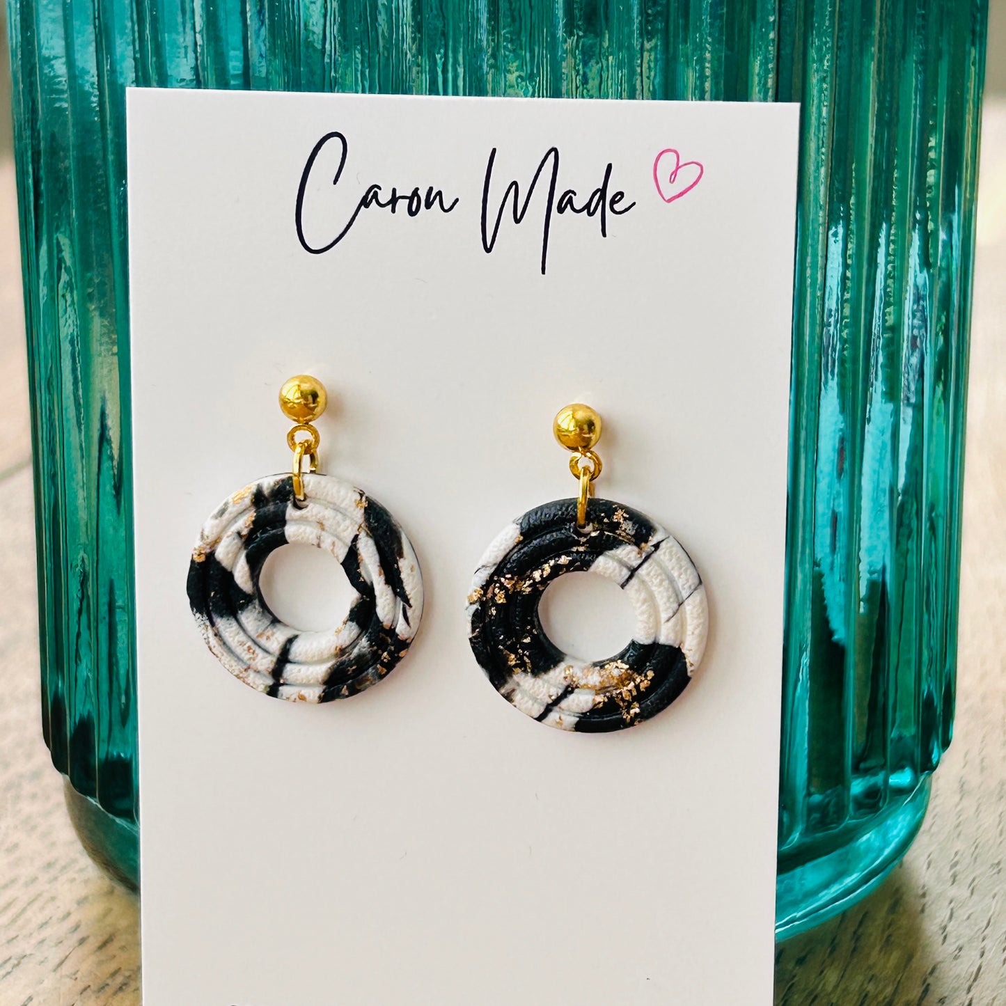 Black white and gold marbled round earrings