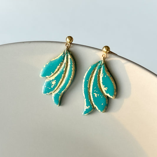 Emerald green and gold floral shape lightweight clay earrings