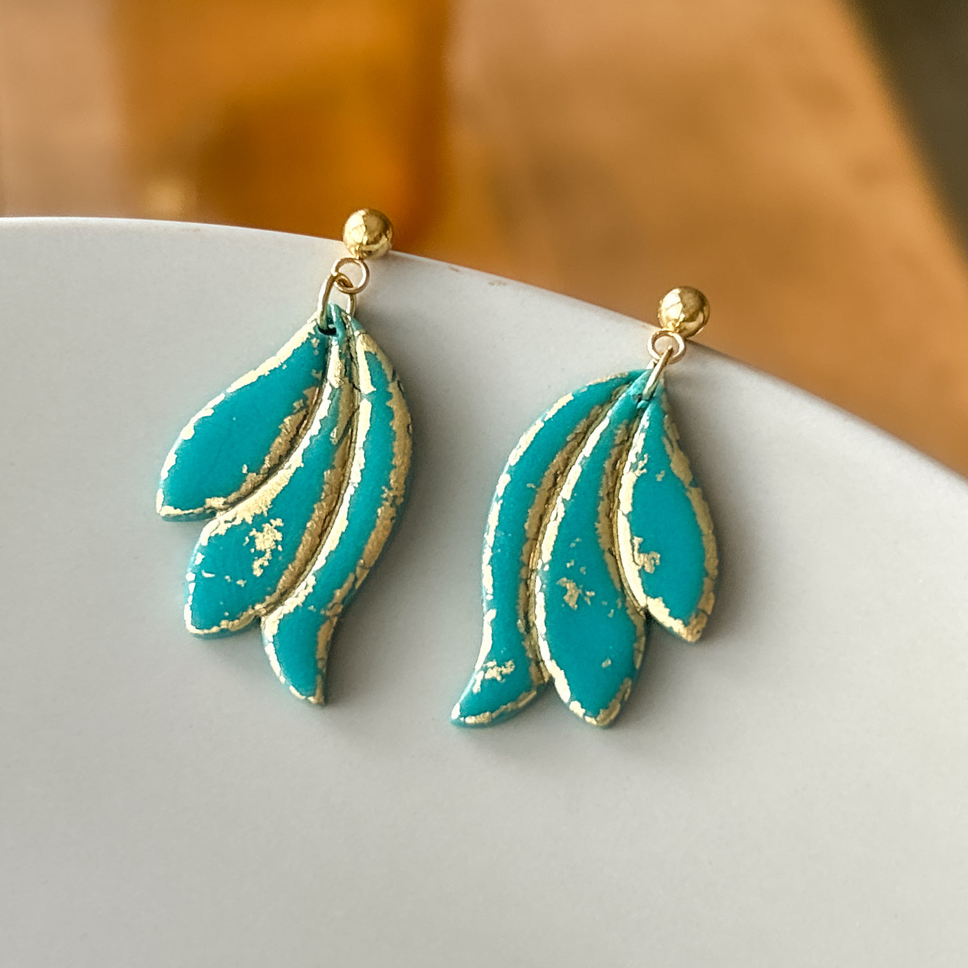 Emerald green and gold floral shape lightweight clay earrings