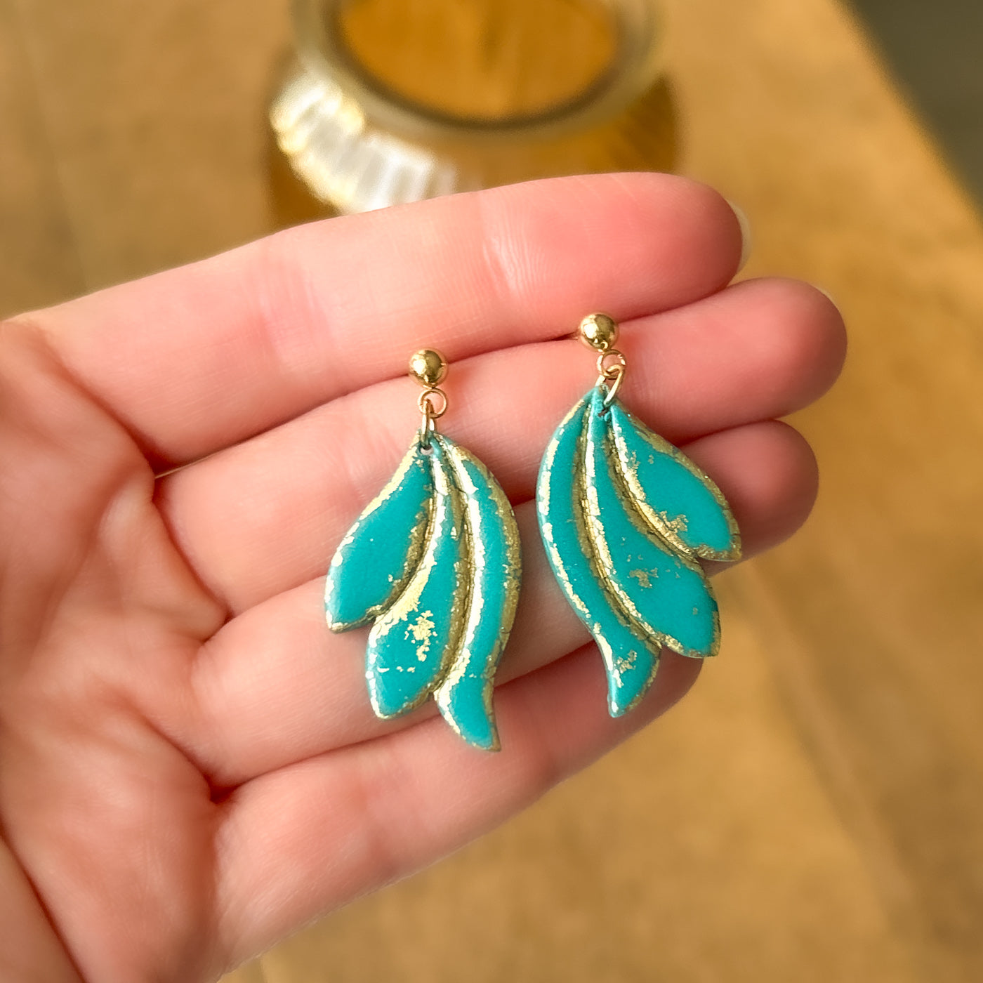 Emerald green and gold floral shape lightweight clay earrings
