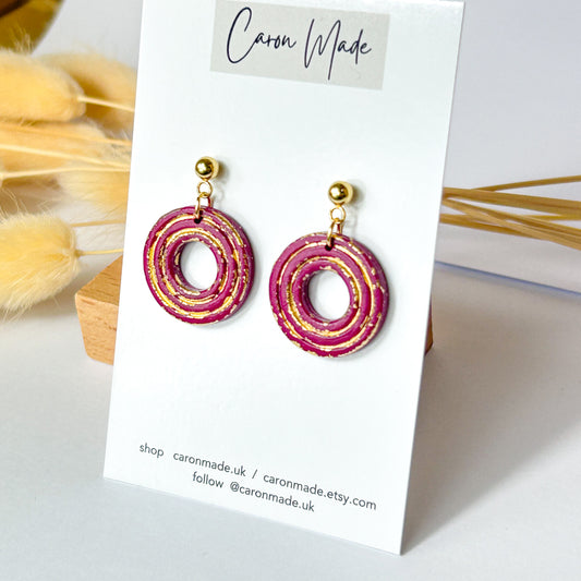 Burgundy and gold round earrings