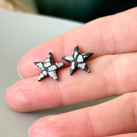 Star stud earrings, black & silver, hypoallergenic steel posts