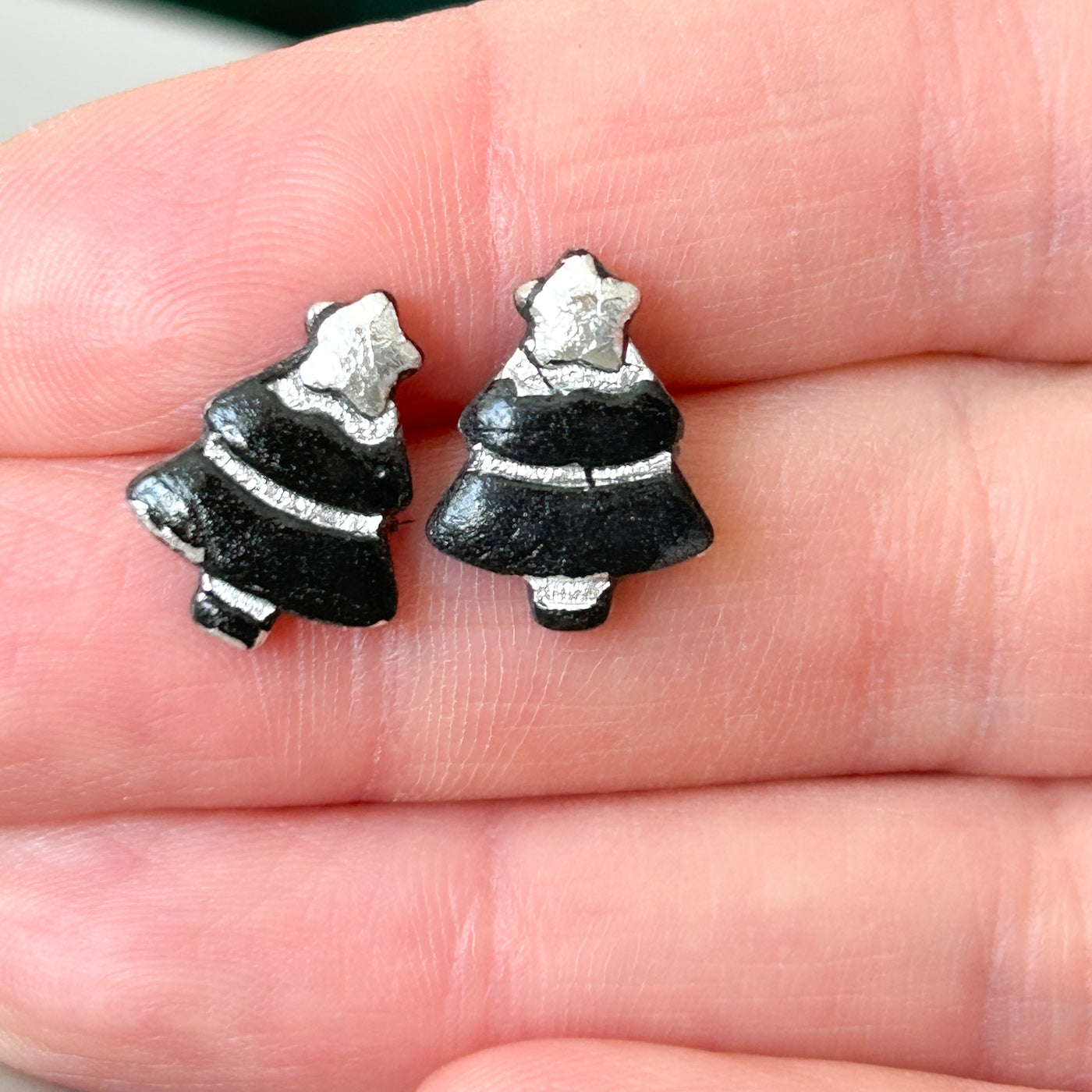 Christmas tree stud earrings, black & silver, hypoallergenic steel posts