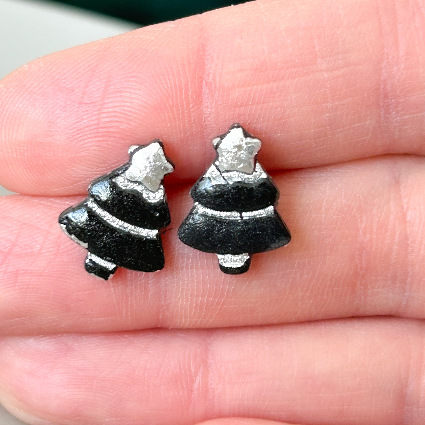 Christmas tree stud earrings, black & silver, hypoallergenic steel posts