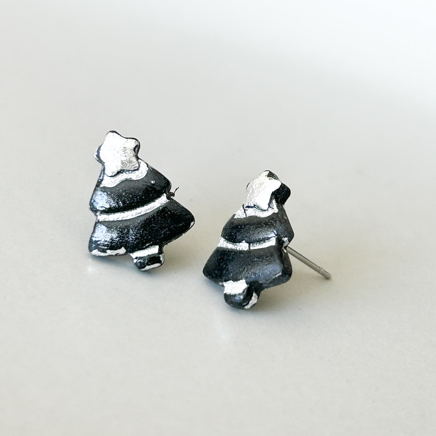 Christmas tree stud earrings, black & silver, hypoallergenic steel posts