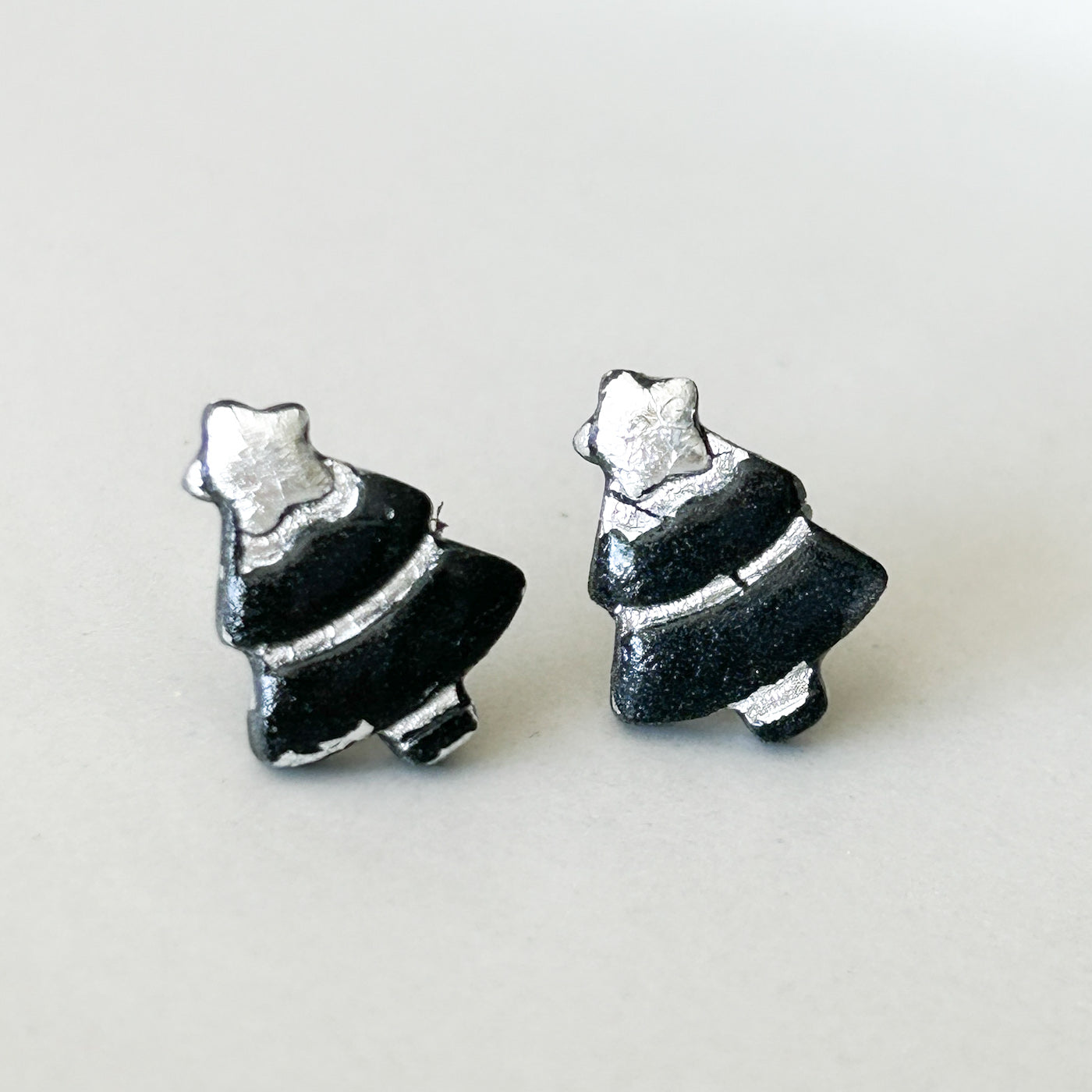Christmas tree stud earrings, black & silver, hypoallergenic steel posts