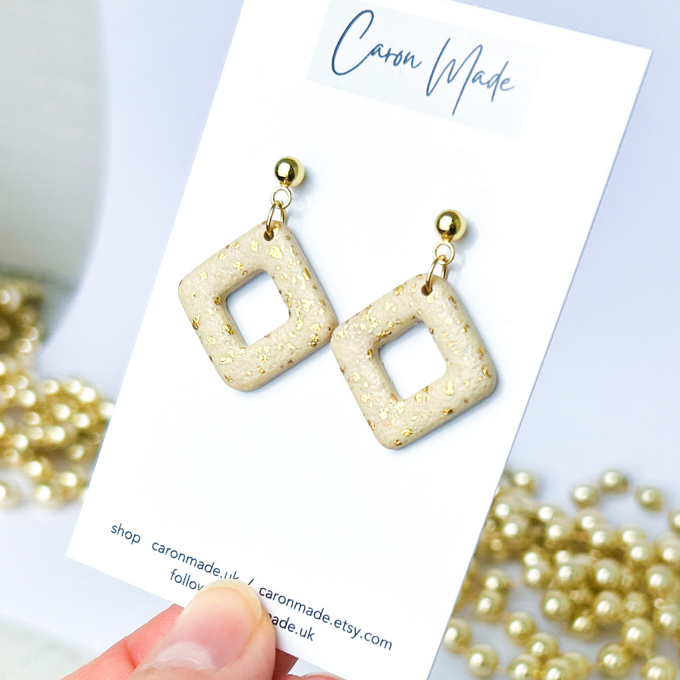 Light gold and beige square dangle earrings