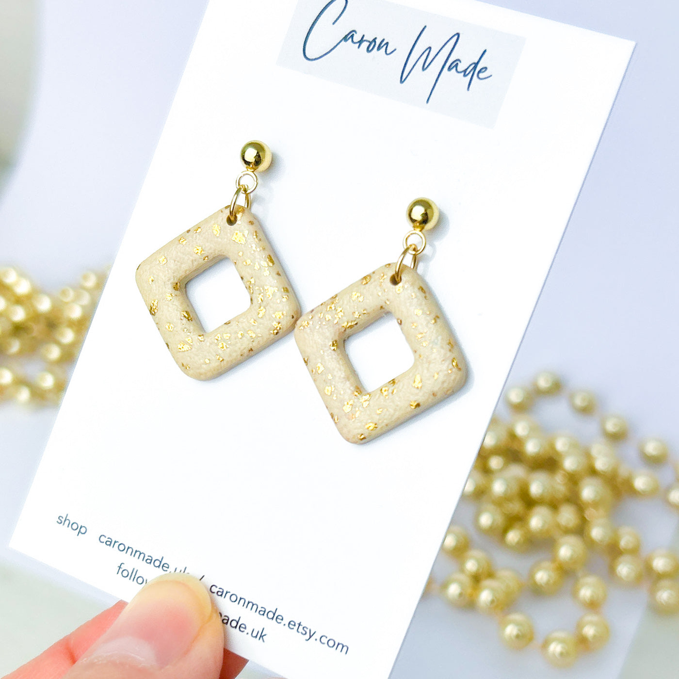 Light gold and beige square dangle earrings