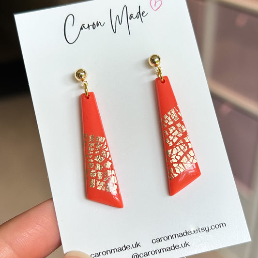 Coral and gold drop slimline earrings with gold leaf