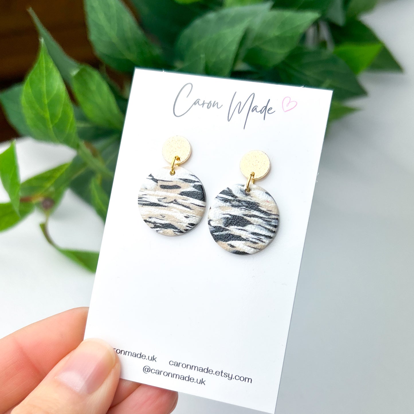 Black white and beige marbled small earrings
