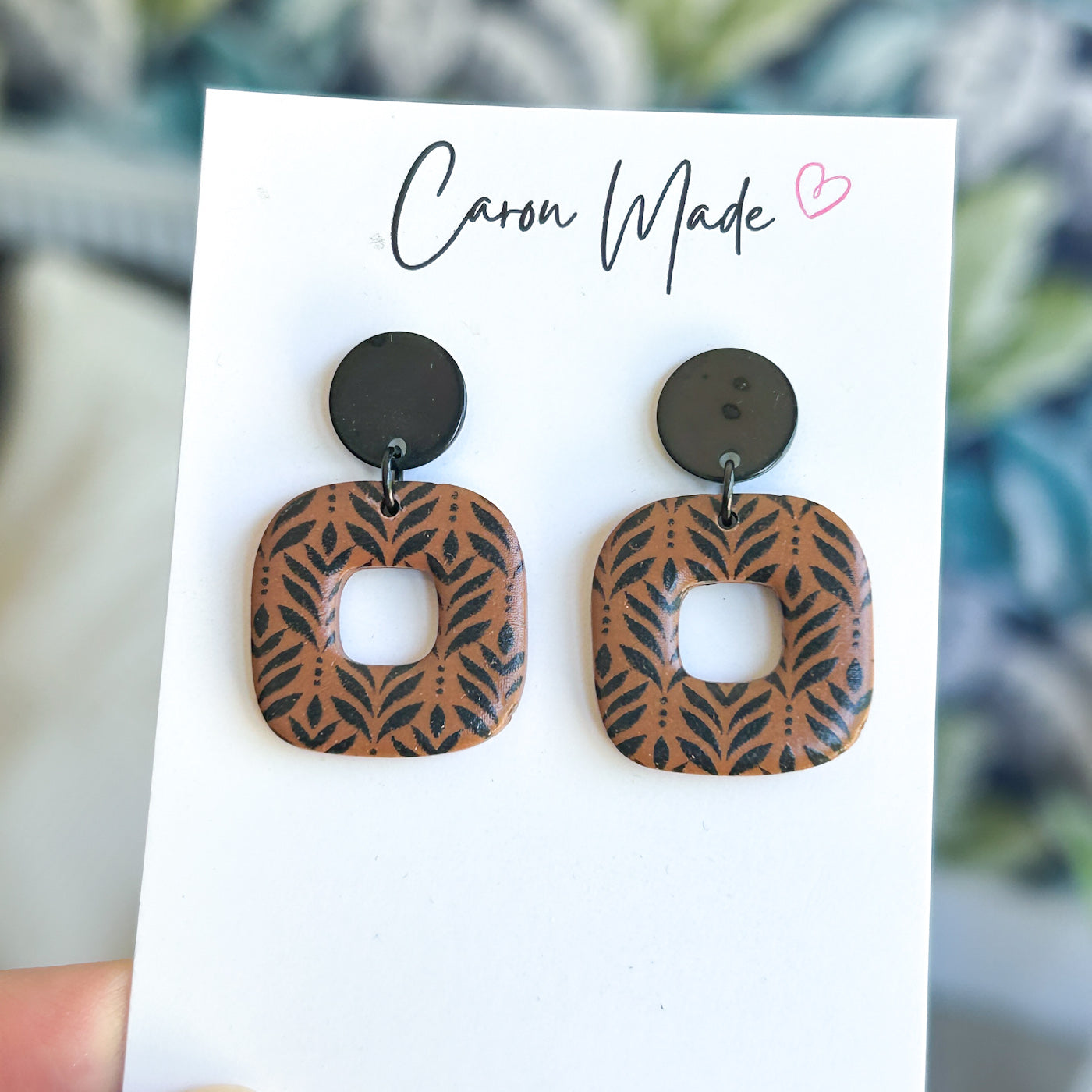 Caramel brown rounded square dangle earrings