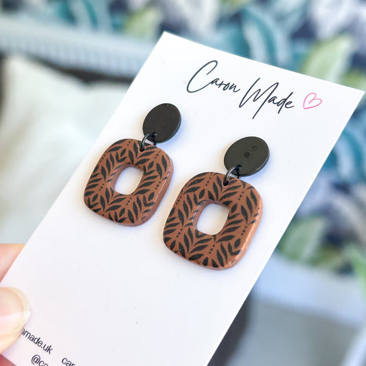 Caramel brown rounded square dangle earrings