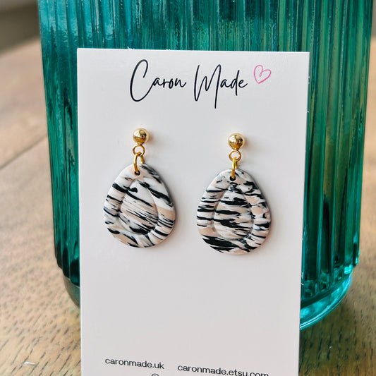 Black white and beige marbled teardrop shape earrings