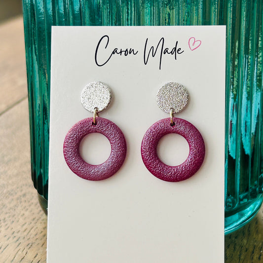 Burgundy and silver circle earrings