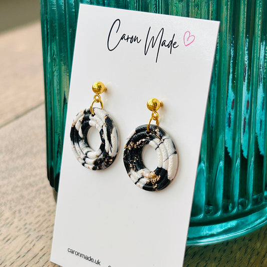 Black white and gold marbled round earrings