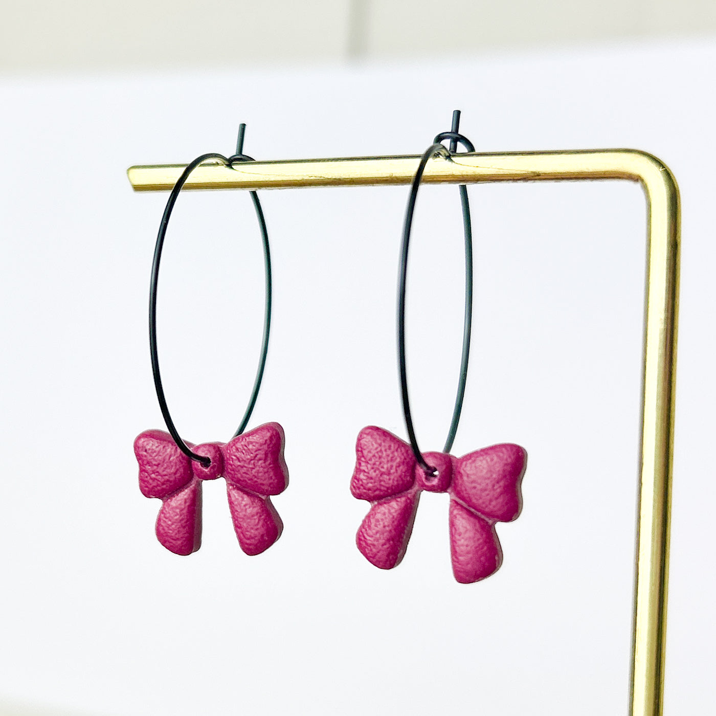 Bow hoop earrings, burgundy