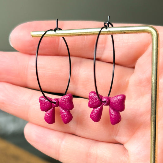 Bow hoop earrings, burgundy