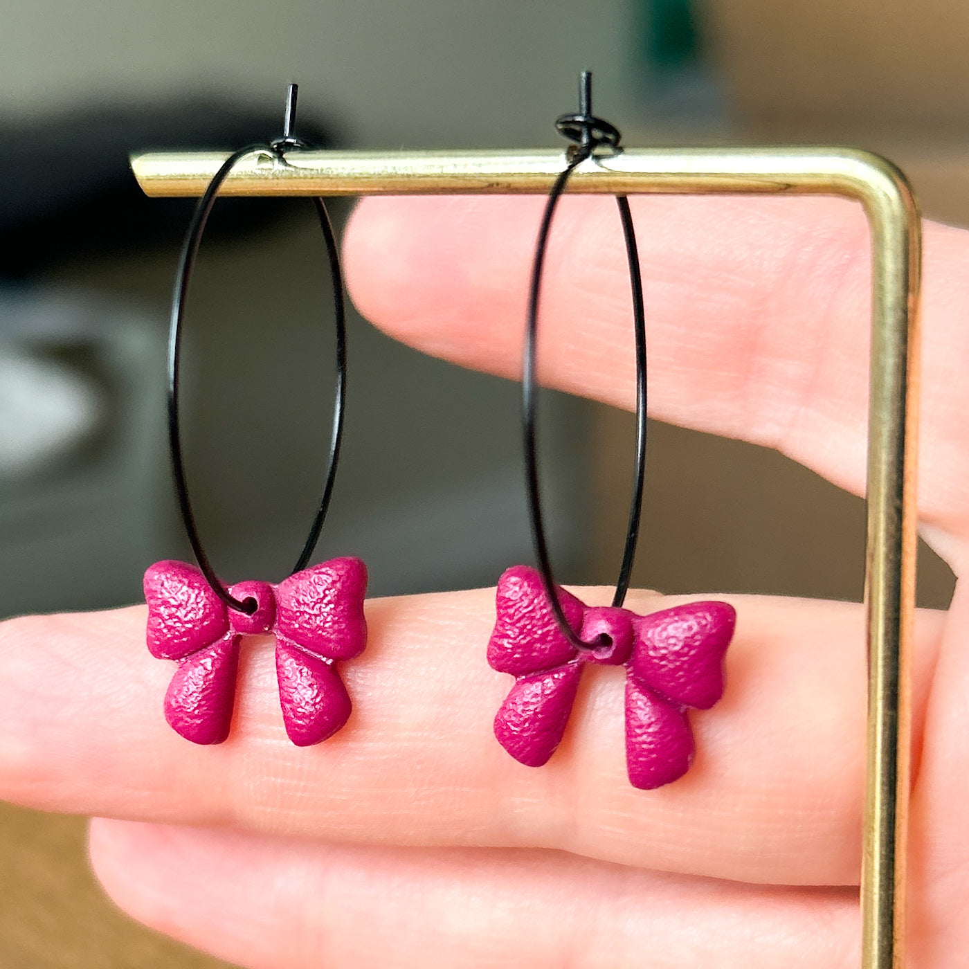 Bow hoop earrings, burgundy