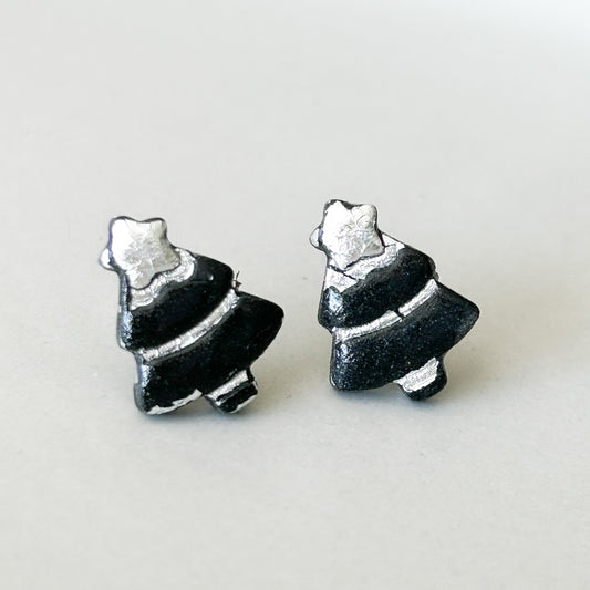 Christmas tree stud earrings, black & silver, hypoallergenic steel posts