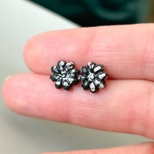 Flower stud earrings, black & silver, hypoallergenic steel posts