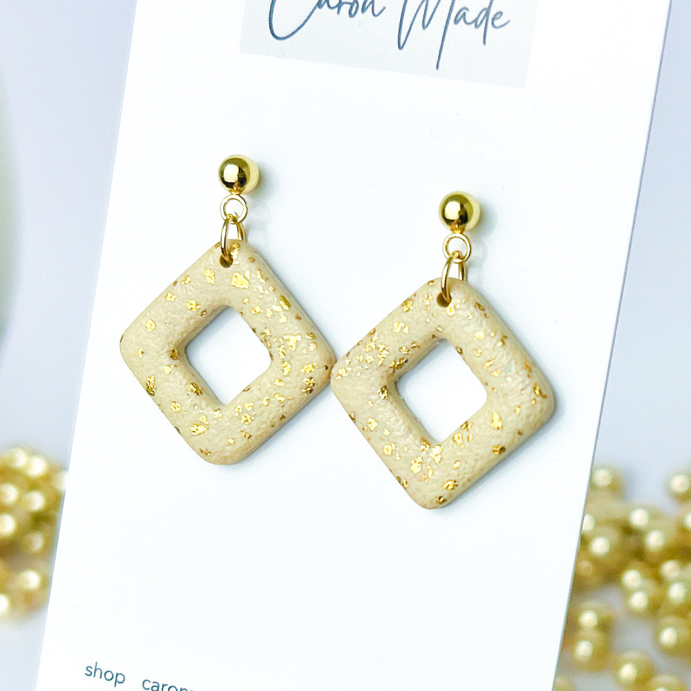 Light gold and beige square dangle earrings