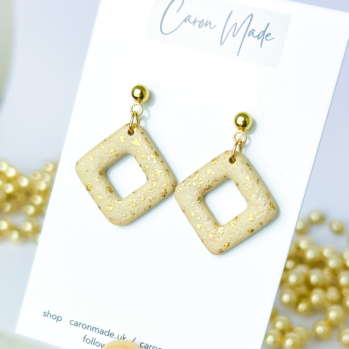 Light gold and beige square dangle earrings