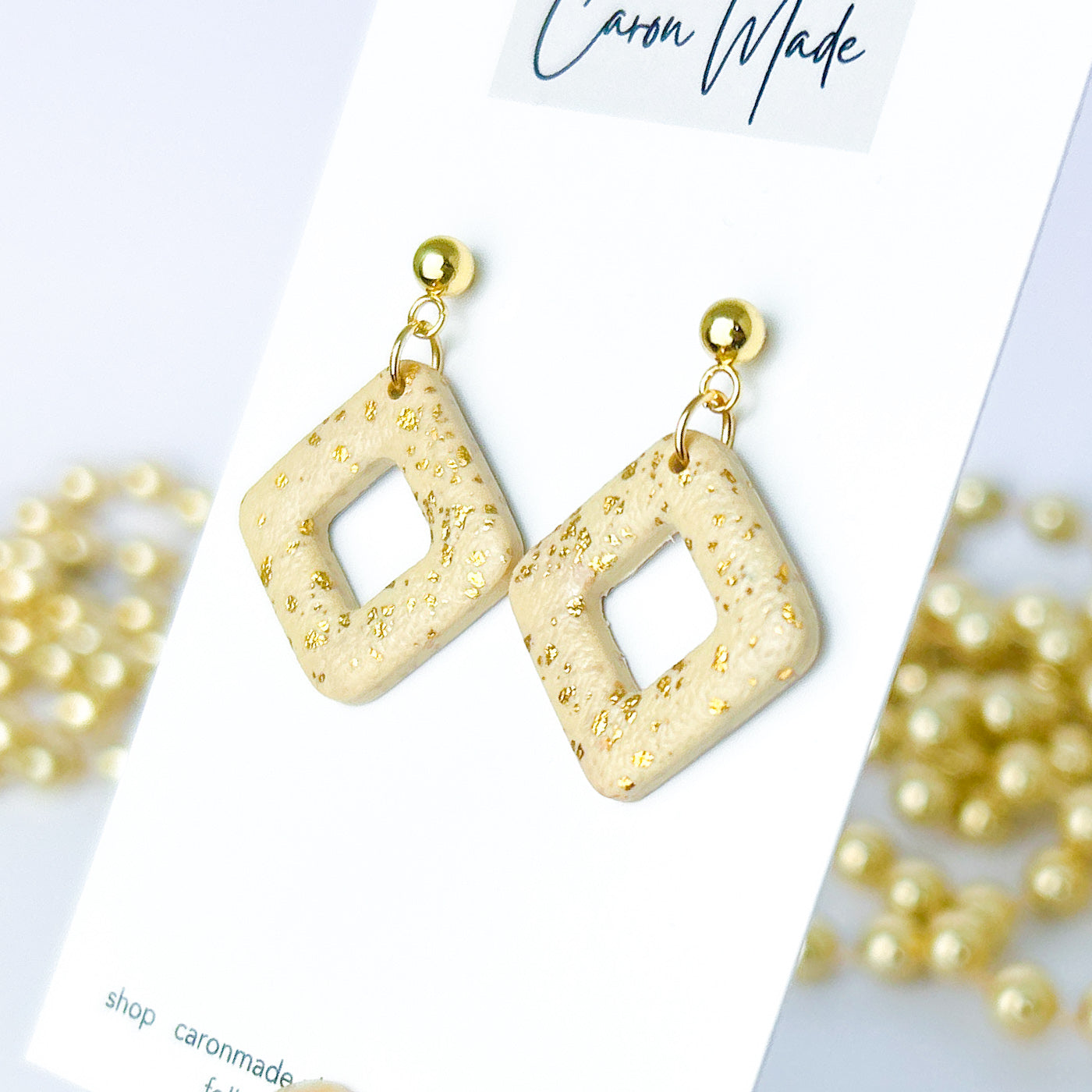 Light gold and beige square dangle earrings