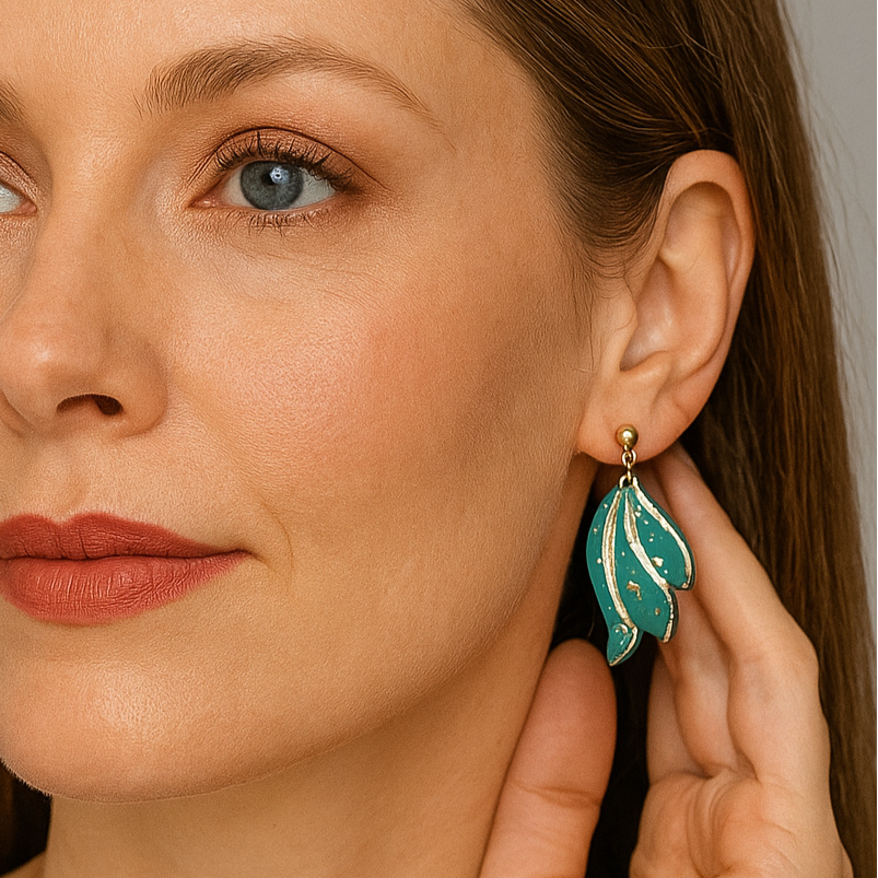 Emerald green and gold floral shape lightweight clay earrings