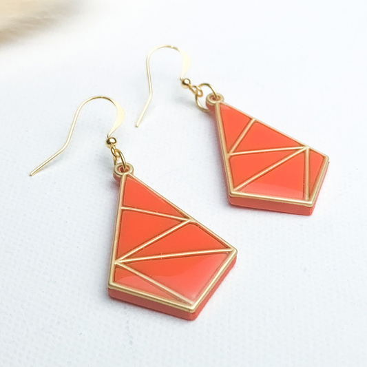 Coral and gold geometric statement earrings