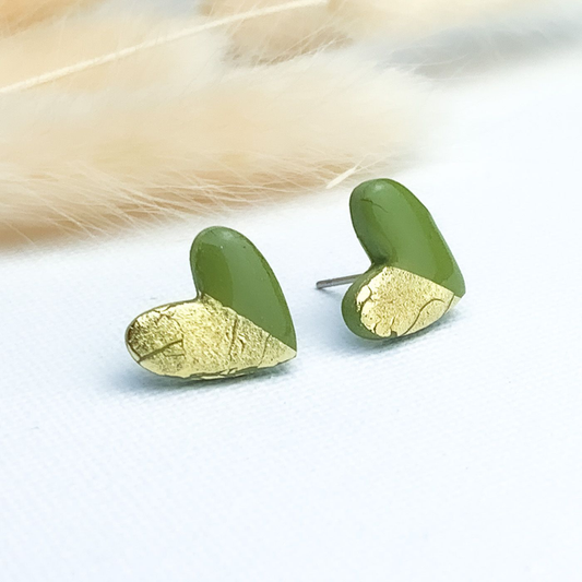 Green and gold heart stud earrings